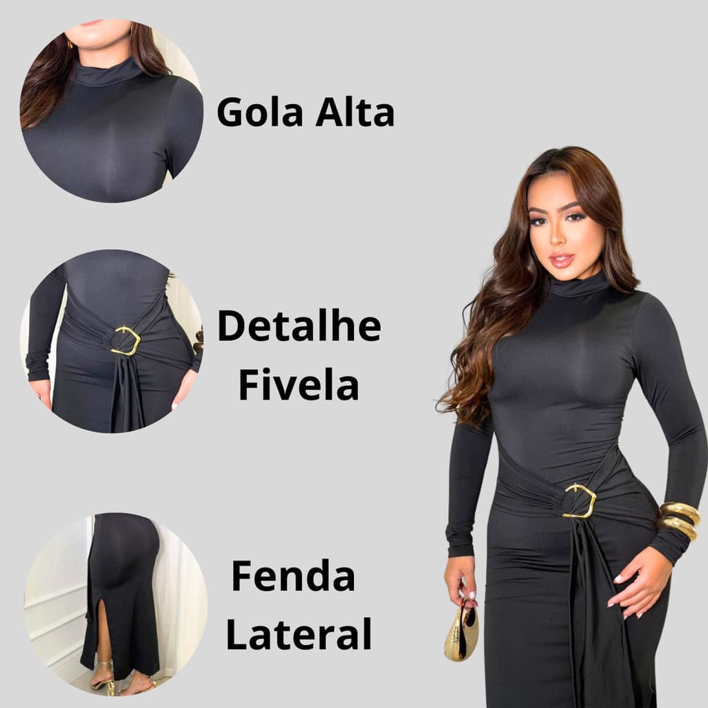 Vestido Feminino Inverno Longo Gola Alta Fenda Básico Argola Dourada Suplex Modela o Corpo