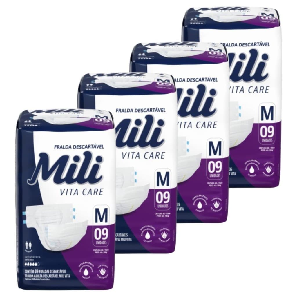 Fralda Geriátrica Adulto Mili Vita  Tam M   4 Pacotes com 9 fraldas   Total  36 fraldas com Super Gel