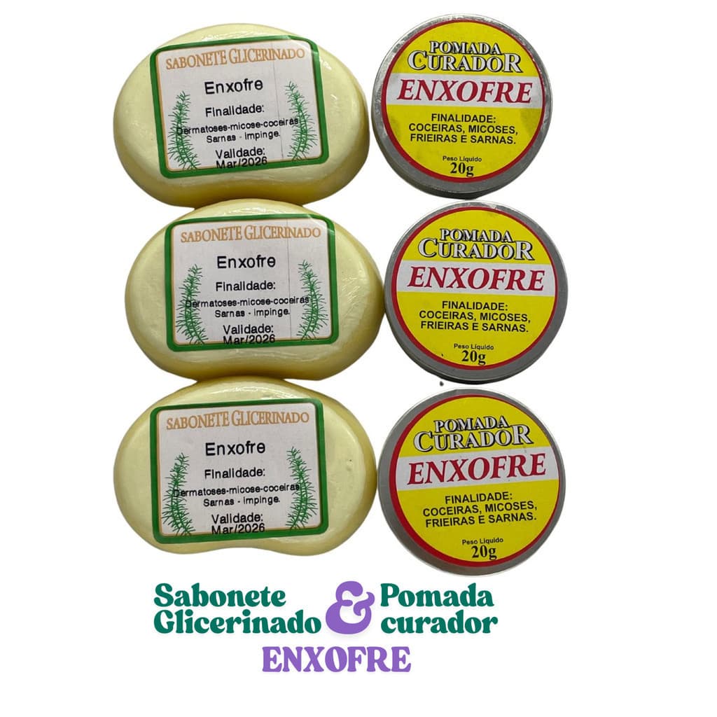 Kit 3 Pomadas e 3 Sabonetes Enxofre Glicerinado Extra Forte Sarna Micose  e Coceira
