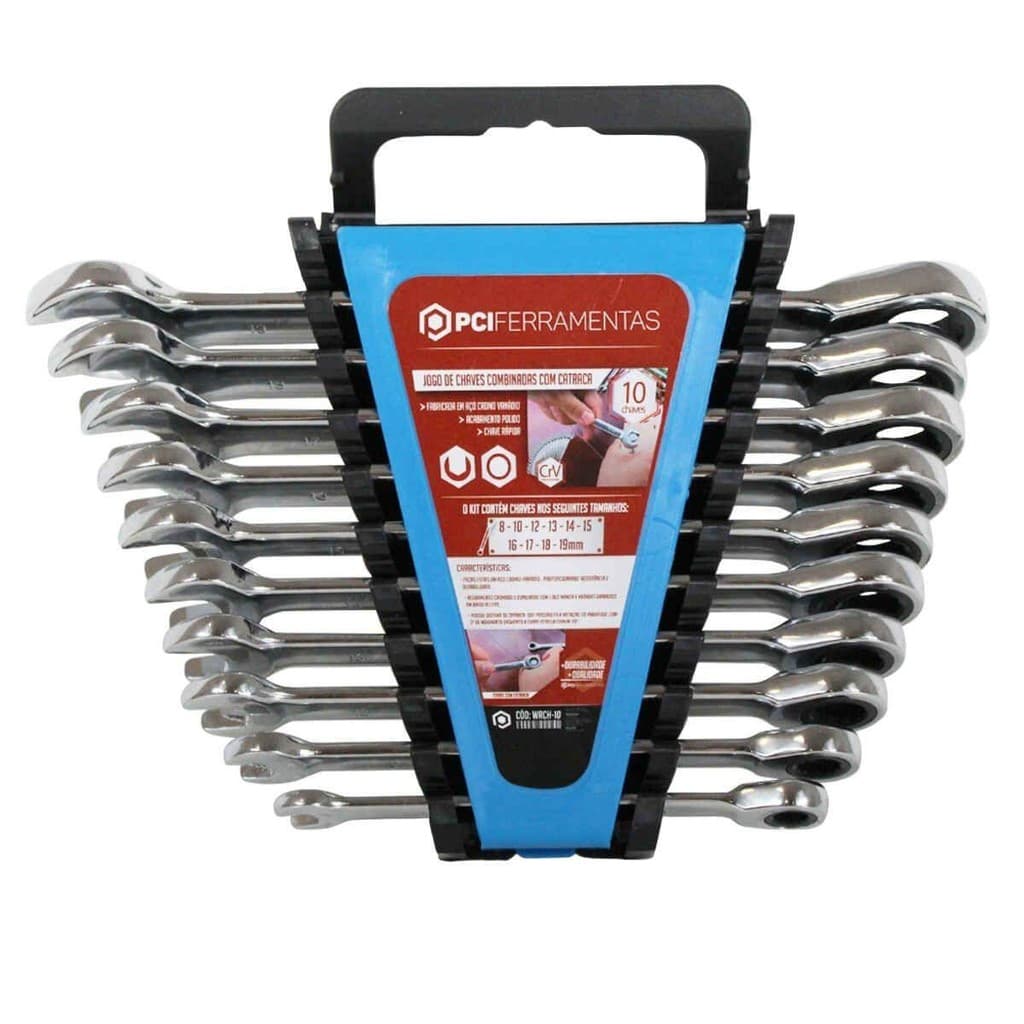 Jogo de Chaves Combinada C/ Catraca 10 Pcs Cromo Vanadio Wrch-10 Pci