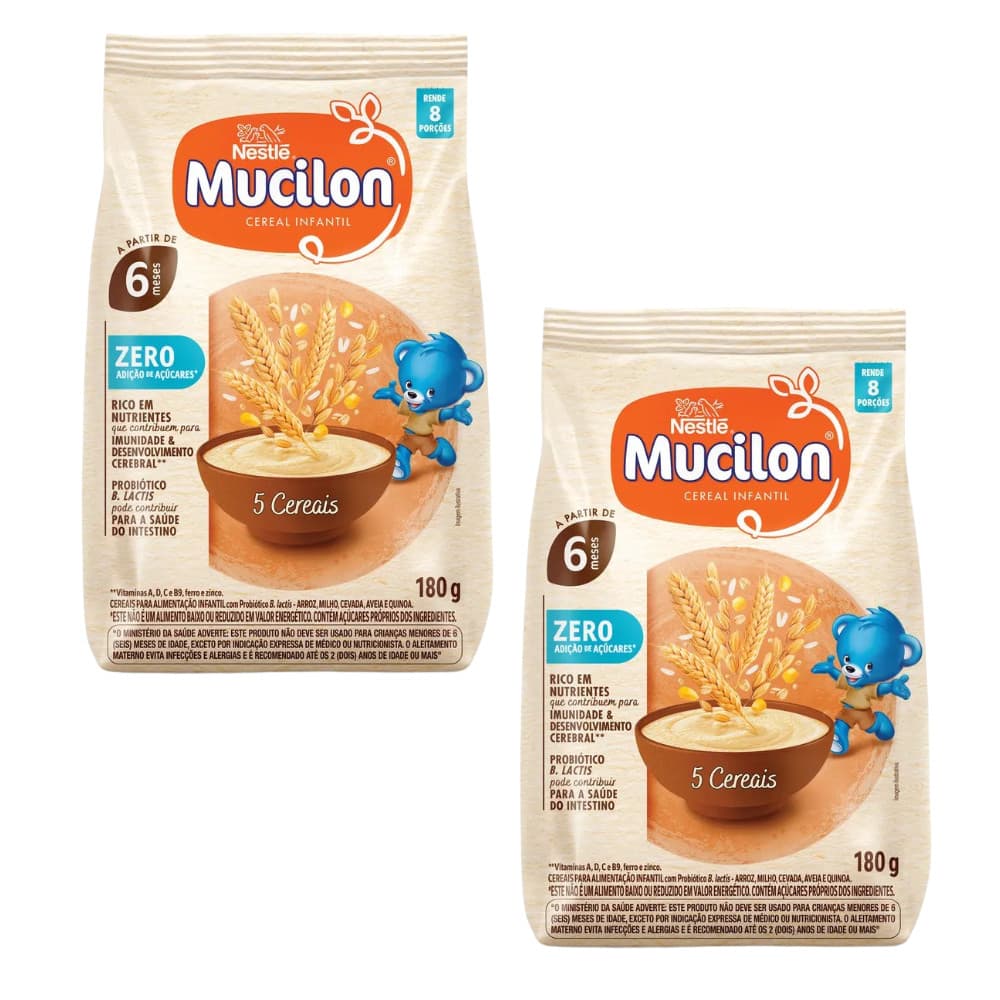 Kit 2 Cereal Infantil Mucilon 5 Cereais Zero Açúcares - 180g