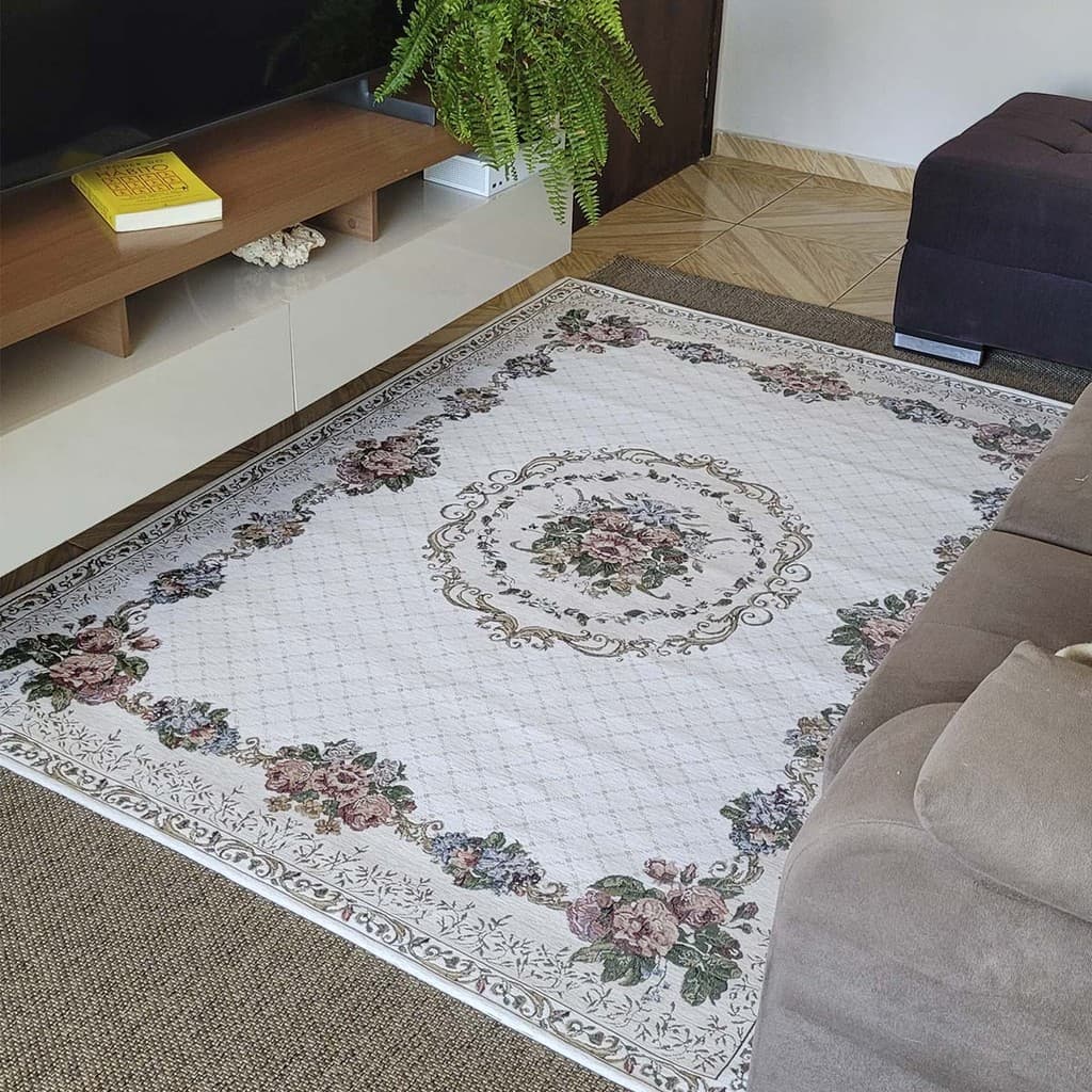 Tapete Sala Antiderrapante Floral Jasmin 01 Bege 1,00X1,50M