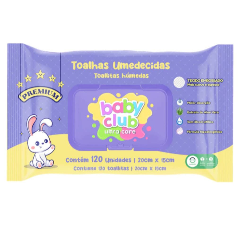 Toalhas Umedecidas Premium Baby Club 120UN Aloe vera Infantil