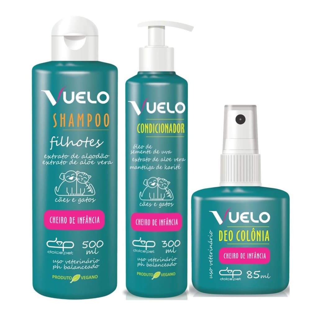 Kit Vuelo Shampoo Filhotes + Condicionador + Deo Colônia Cheiro de Infância para Cães e Gatos