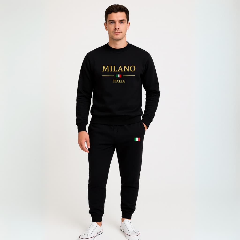 Conjunto Moletom Careca Blusa de Frio Milano Italia e Calça Flanelado Agasalho Algodão Gola Redonda