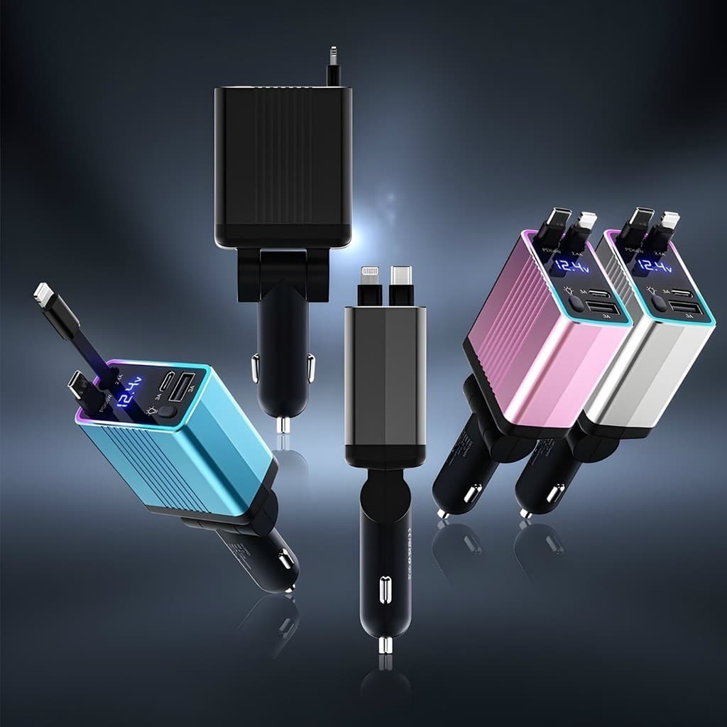 Carregador de carro retrátil carregador rápido de para carro 4 em 1 para iPhone/Android com luz LED Alex