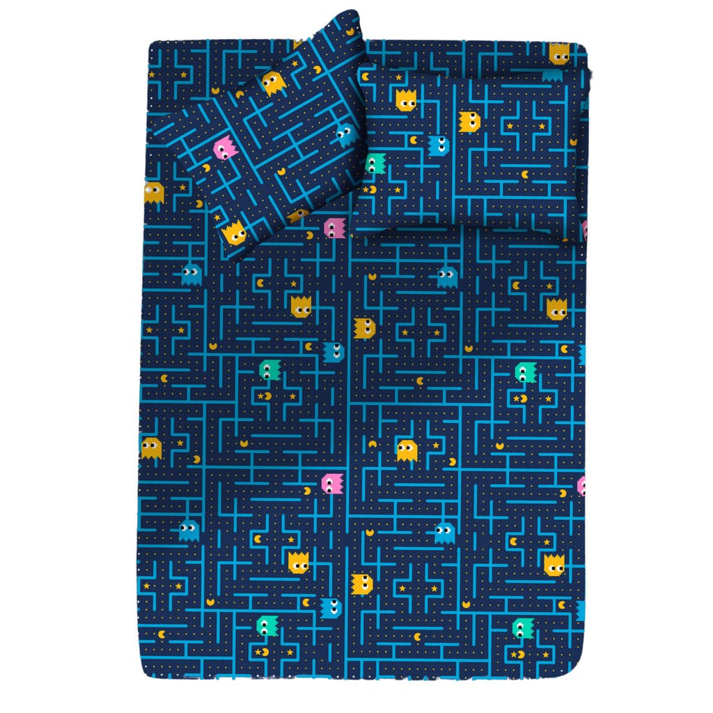 Jogo De Cama Casal Pac Pac Azul 3 Peças Malha Algodão Gamer