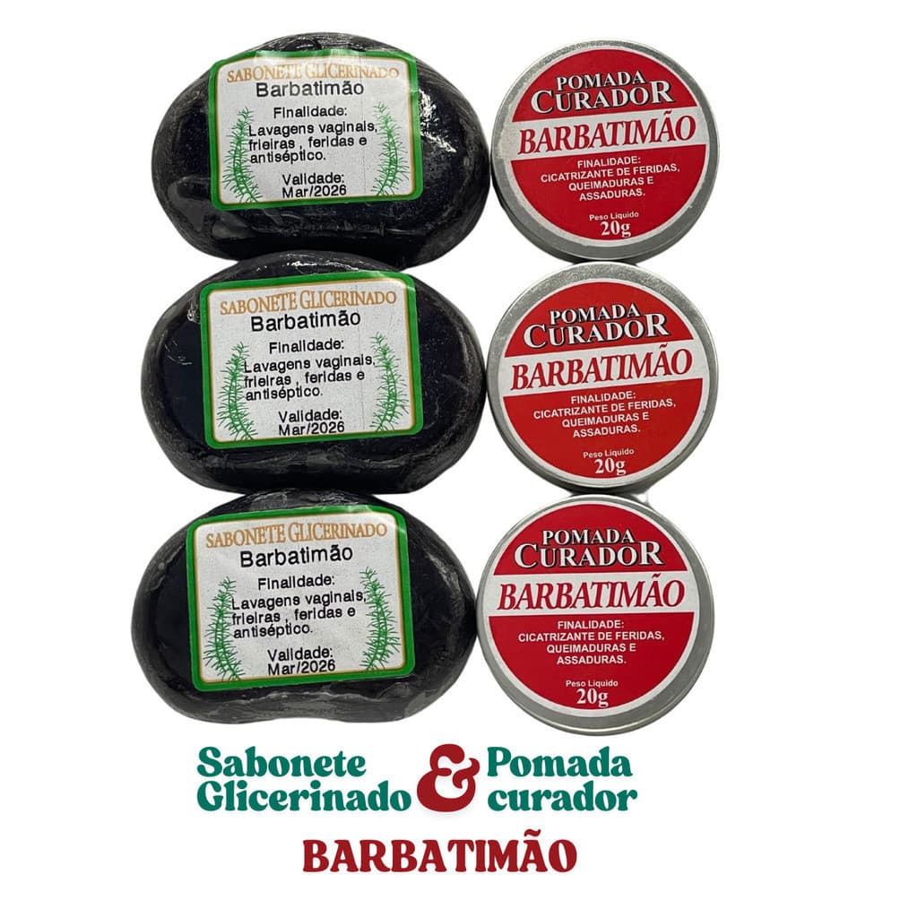Kit 3 Pomadas e 3 Sabonetes Barbatimão Glicerinado Extra Forte Sarna Micose e Coceira