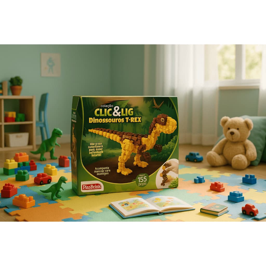 Brinquedo de Montar Tipo Lego Dinossauro T-rex 155 Peças Plasbrink Coleção Clic&Lig