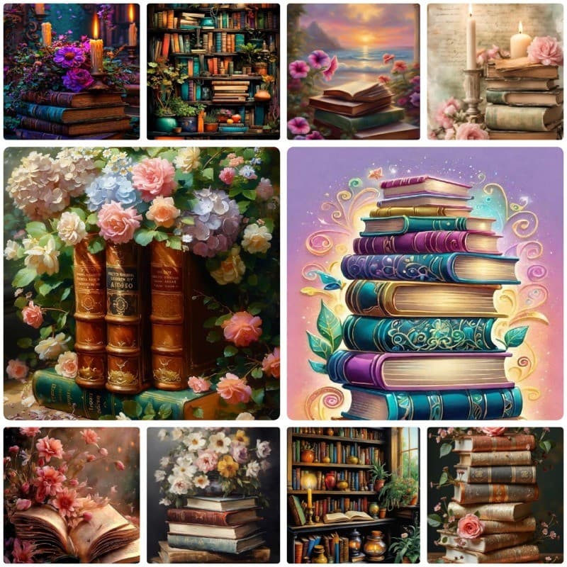 Um Conjunto De Livros/Flores Padrão Kit De Pintura Diamante , DIY 5D Mosaico Em Tela Fazendo Artesanato Para Arte De Dec