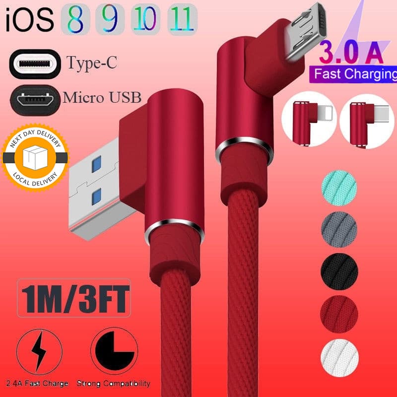 3M/2M Carregador Rápido De 90 Graus Cabo USB 3.0A Android Micro/Tipo C Chaging Cotovelo De Dados Trançado De Nylon Carre