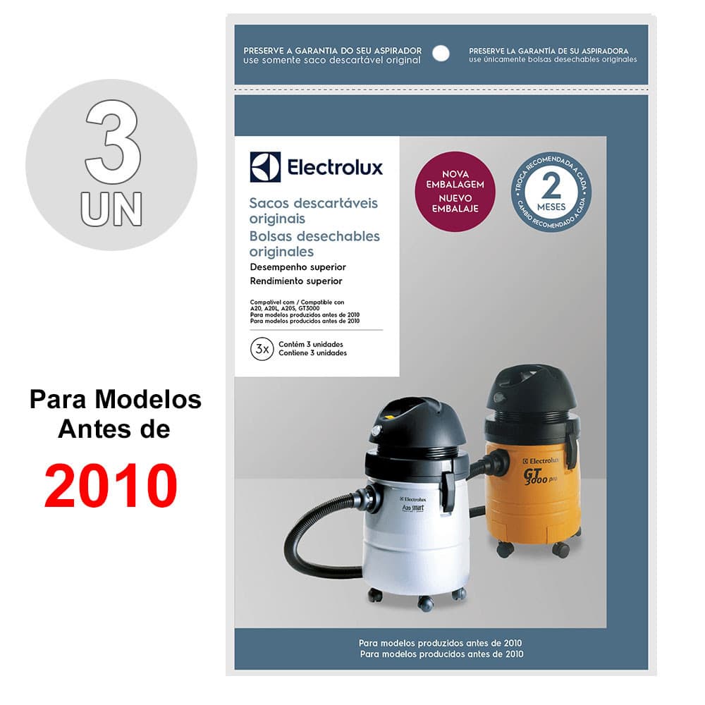 Kit 3 Sacos Aspirador de Pó Electrolux GT3000 A20 A20L A20S GT30P SUPGT T3002 CSE19 (Produzidos antes de 2010)