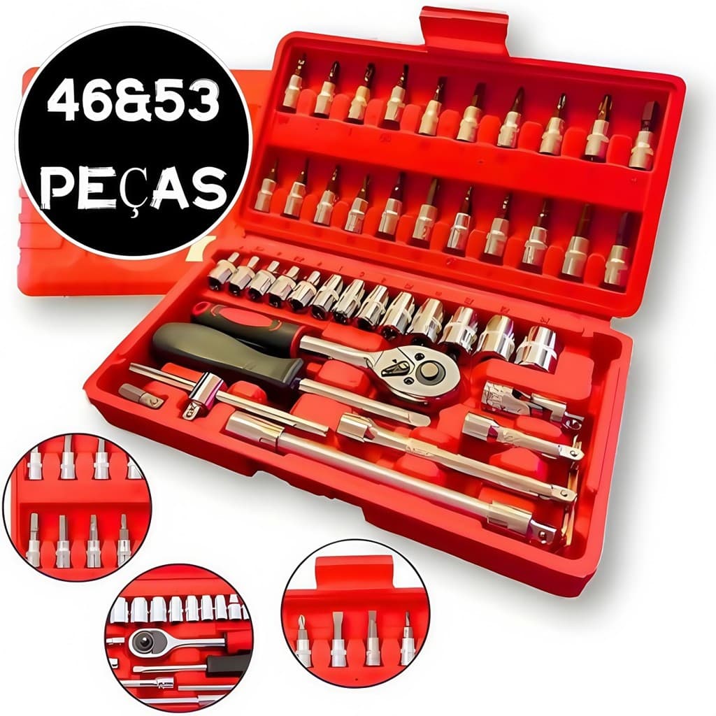 Kit Chaves Jogo Catraca Reversível Soquetes 46/53 Peças + Maleta