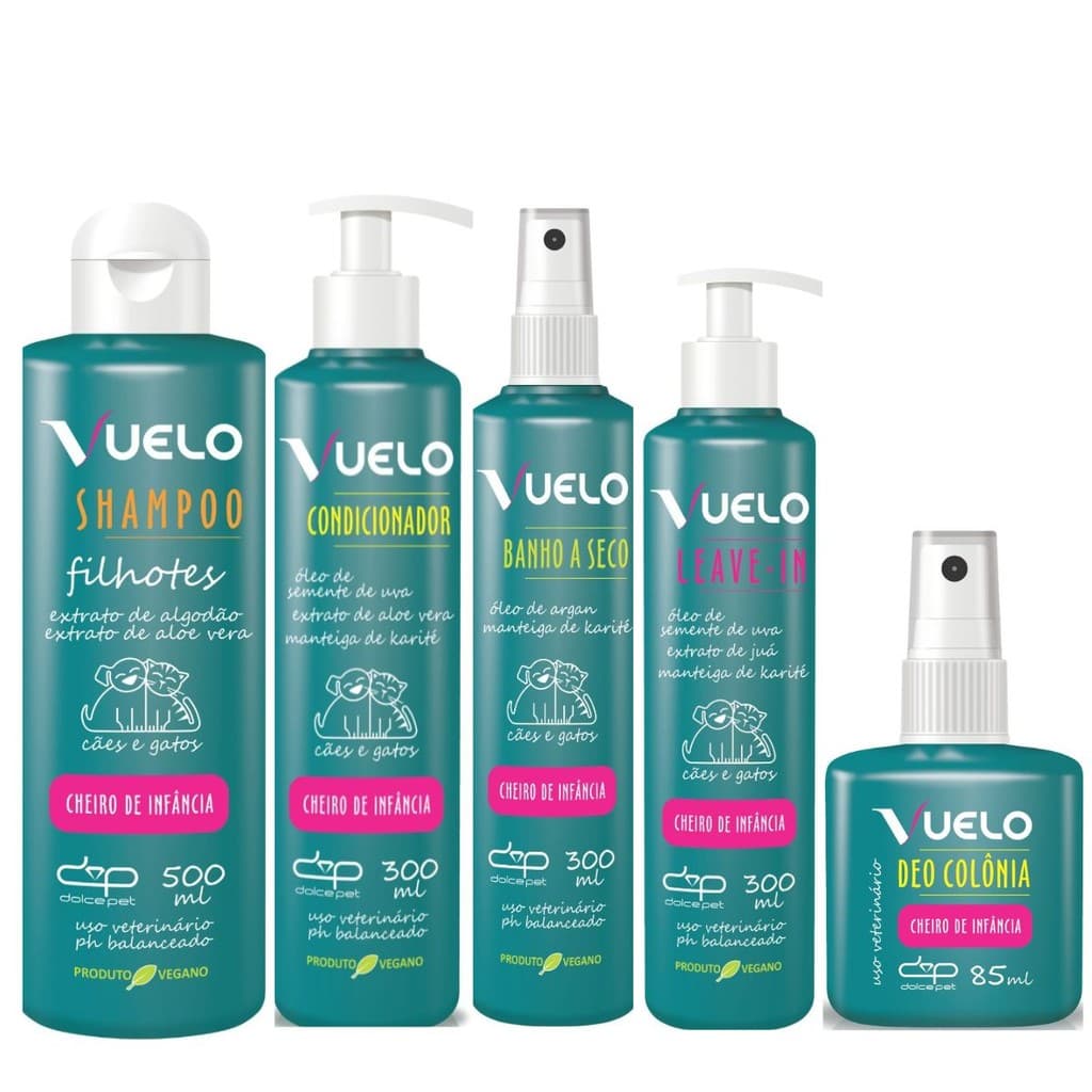 Kit Dolce Pet - Shampoo, Condicionador, Banho Seco, Leave-In e Deo Colônia para Cães e Gatos