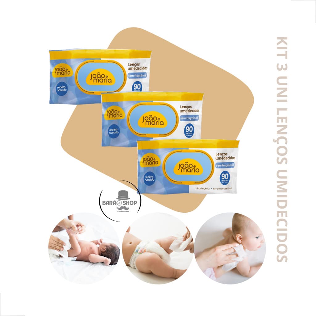 Kit 3 Lenços Umedecidos João E Maria 90un S/fragrância Cimed Bebe Limpeza Suave e Segura Lenços Espessos e Macios