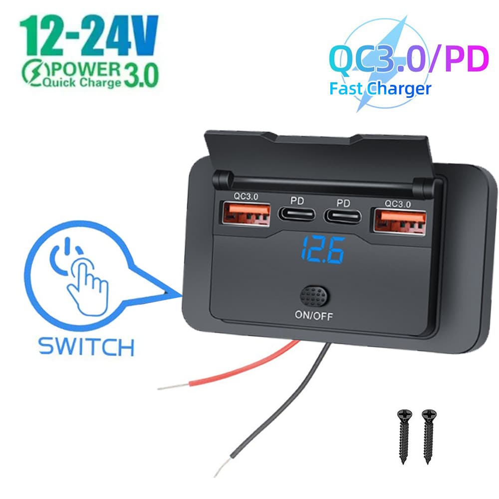 Carga Rápida PD Tipo C Portas USB Duplas Carregador De Ônibus De Carro Adaptador De Tomada 12V/24V Alimentação Com Swith