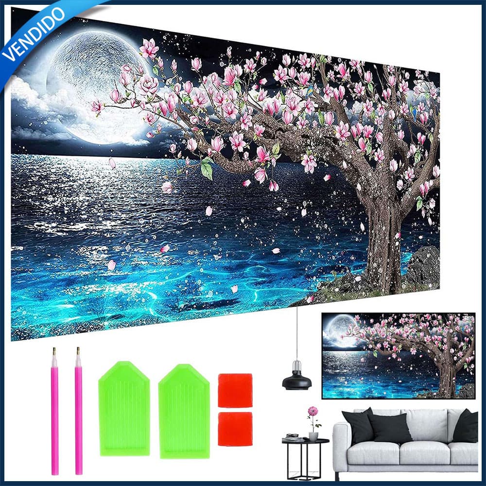 Pintura de diamante 5D Pintura de cena nocturna de pessegueiro Pintura de diamante de ponto feito à mão 70cm x 40cm