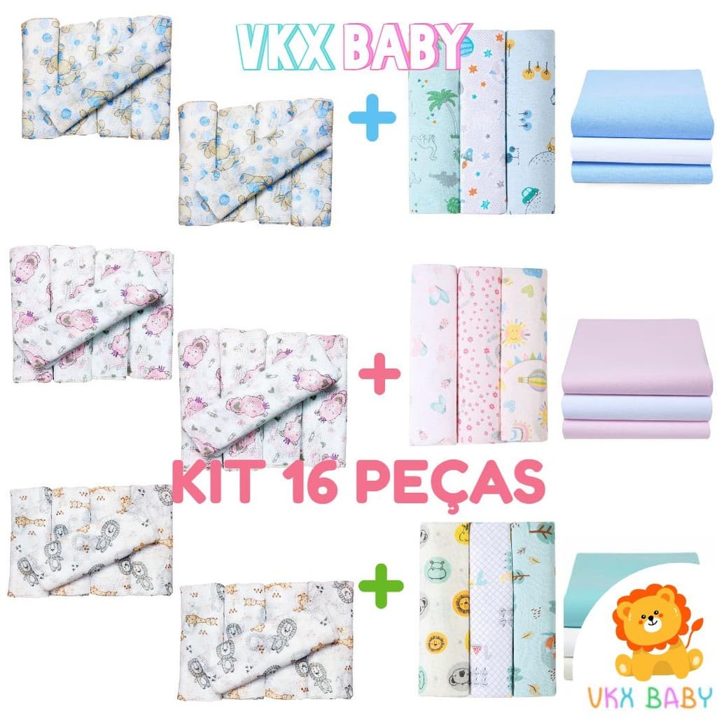 Kit Enxoval Bebê 16 Peças - 10 Fraldas de Pano 60cm X 60cm + 6 Cueiros Bebe Flanelado - 100% Algodão