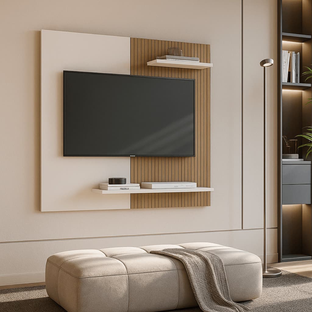 PROMOÇÃO Painel para TV até 32 polegadas Suez em MDP com Prateleiras e Suporte de Parede Incluso