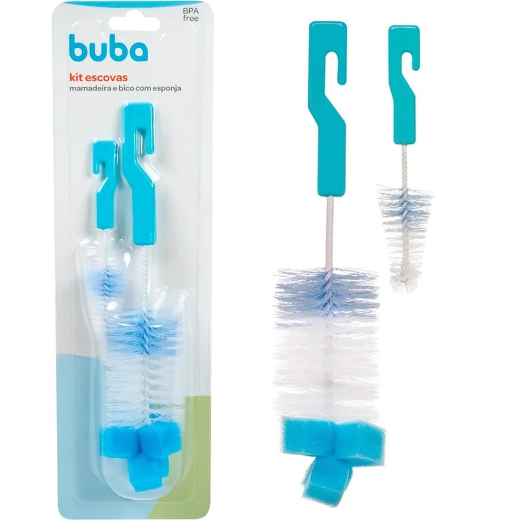 Escova Para Lavar Mamadeira Bico e Garrafa Com Esponja Buba Azul Bebê Limpar Multiuso Kit Limpeza