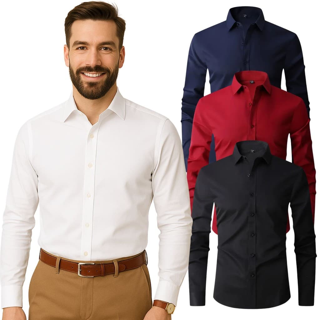 Camisa Social Masculina Slim Tricoline com Elastano Manga Longa Não Amarrota