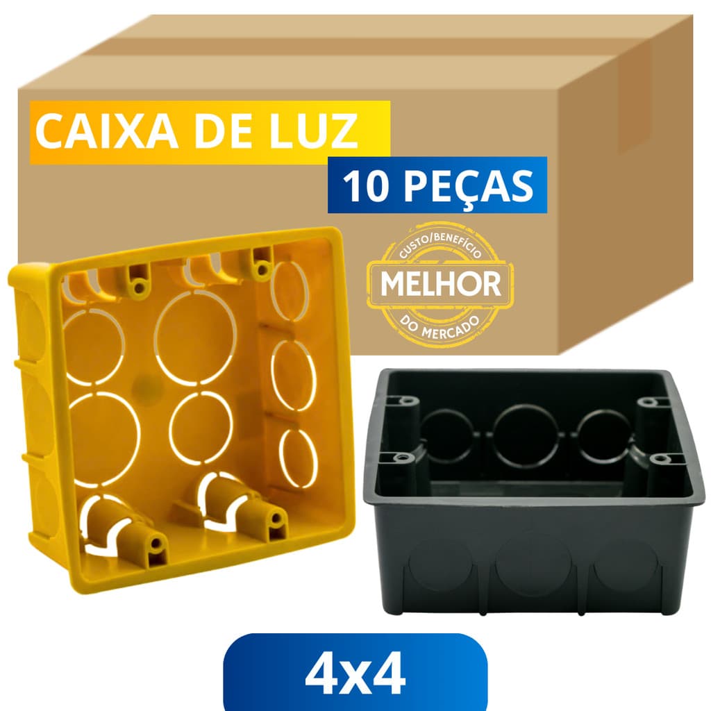 10 Caixa de Luz 4x4 Quadrada Reforçada P/ Tomada Interruptor Energia Embutir Parede Preto Amarelo