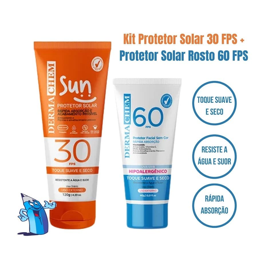 Kit Protetor Solar 30 FPS 120g + Protetor Solar Facial Sem Cor 60 FPS 40g UVB UVA DermaChem