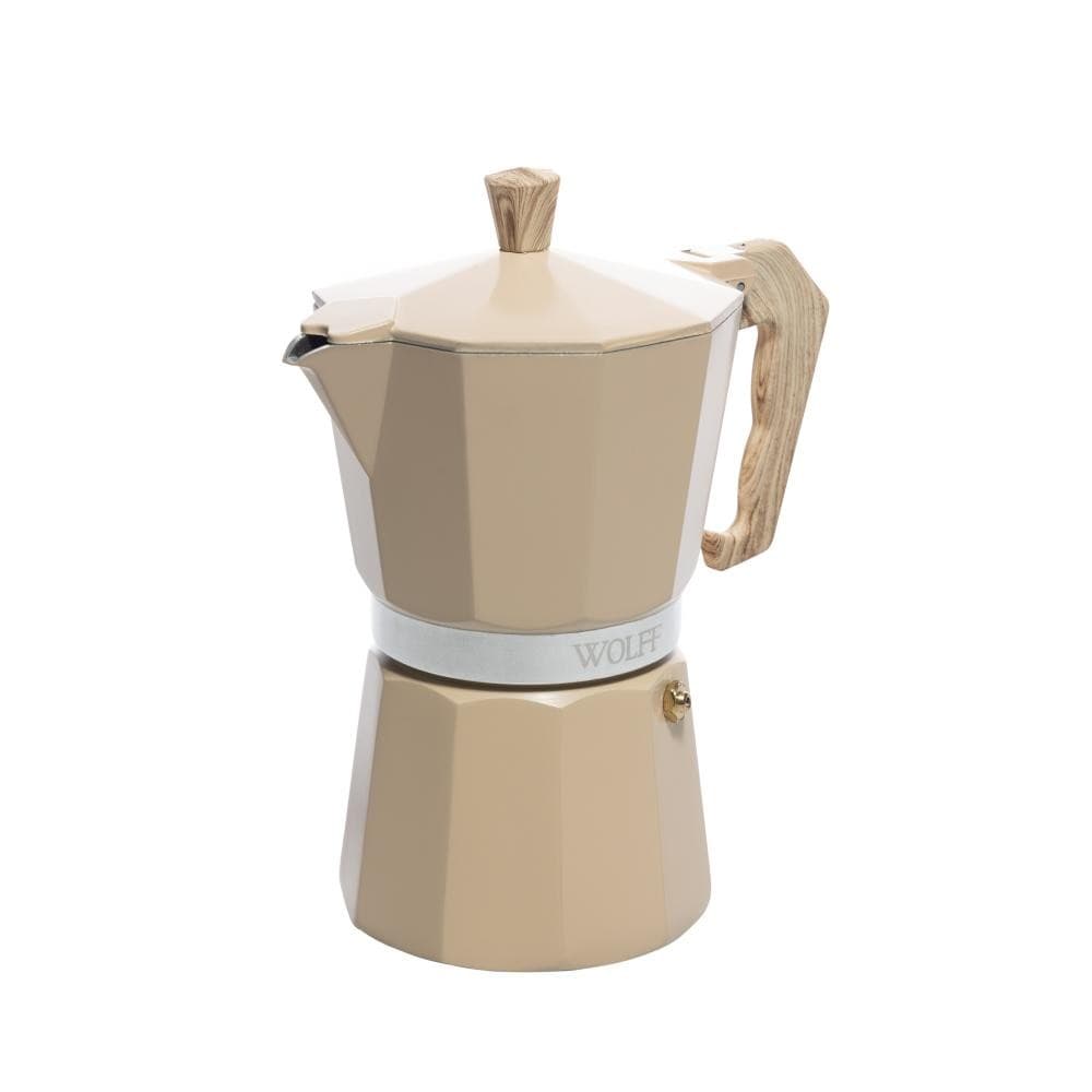 Cafeteira Italiana 6 Doses 300ml Alumínio Bege Wolff com Cabo Plástico Fosco para Café Expresso Fogão a Gás Elétrico Lar