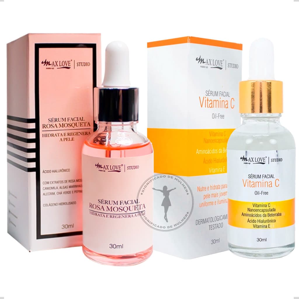 Kit 2 Sérum Max Love Clareador De Manchas Rosto Pele Rosa Mosqueta + Vitamina C Ácido Hialurônico >
