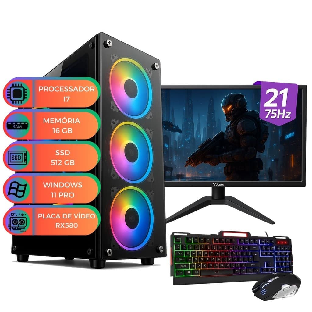 Computador Gamer Up Starter Max V2 i7 16GB SSD 512GB RX580 + Kit Gamer + Monitor 21"