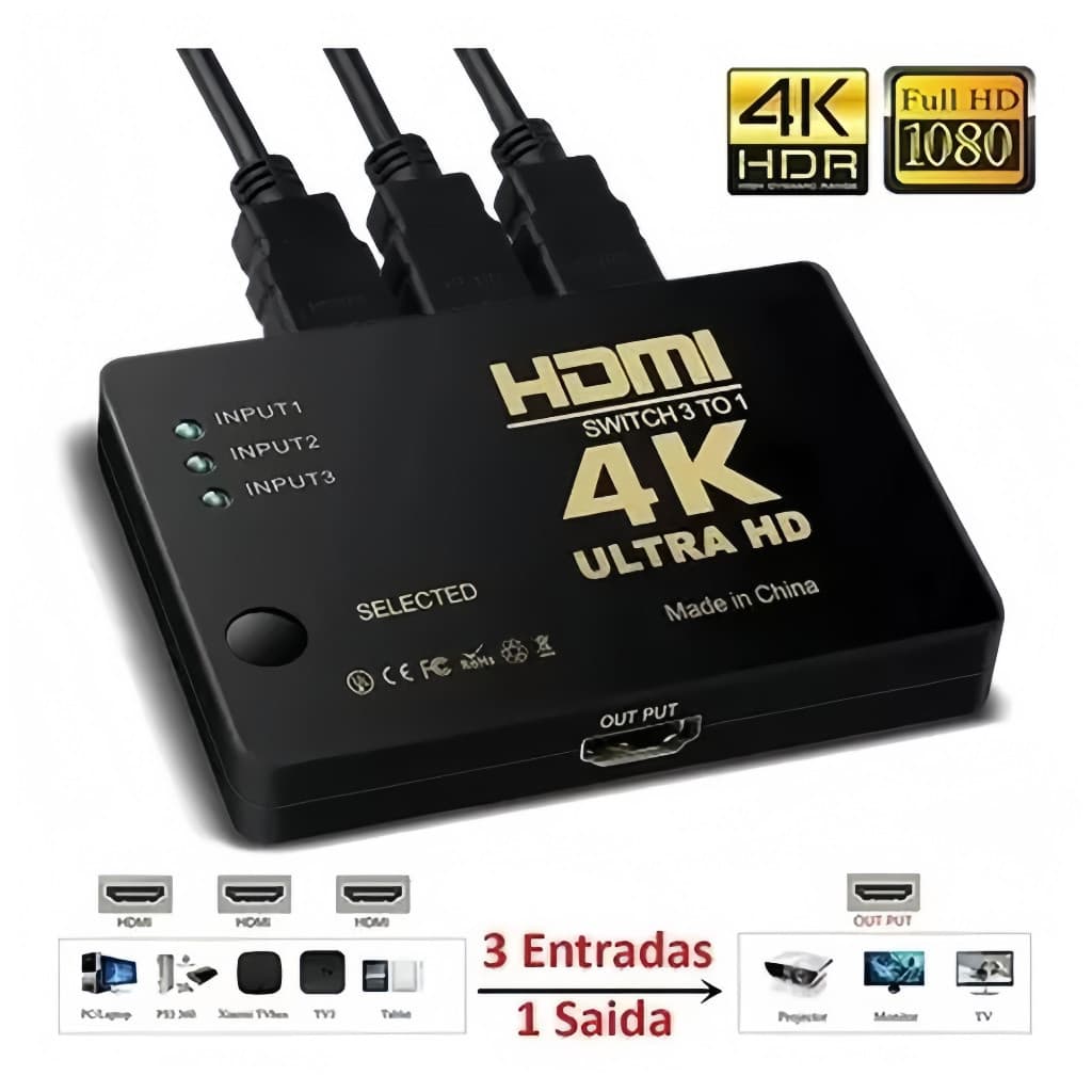 Switch Divisor Hd Hub Hdmi 1.4 Splitter Divisor 3x1 Controle