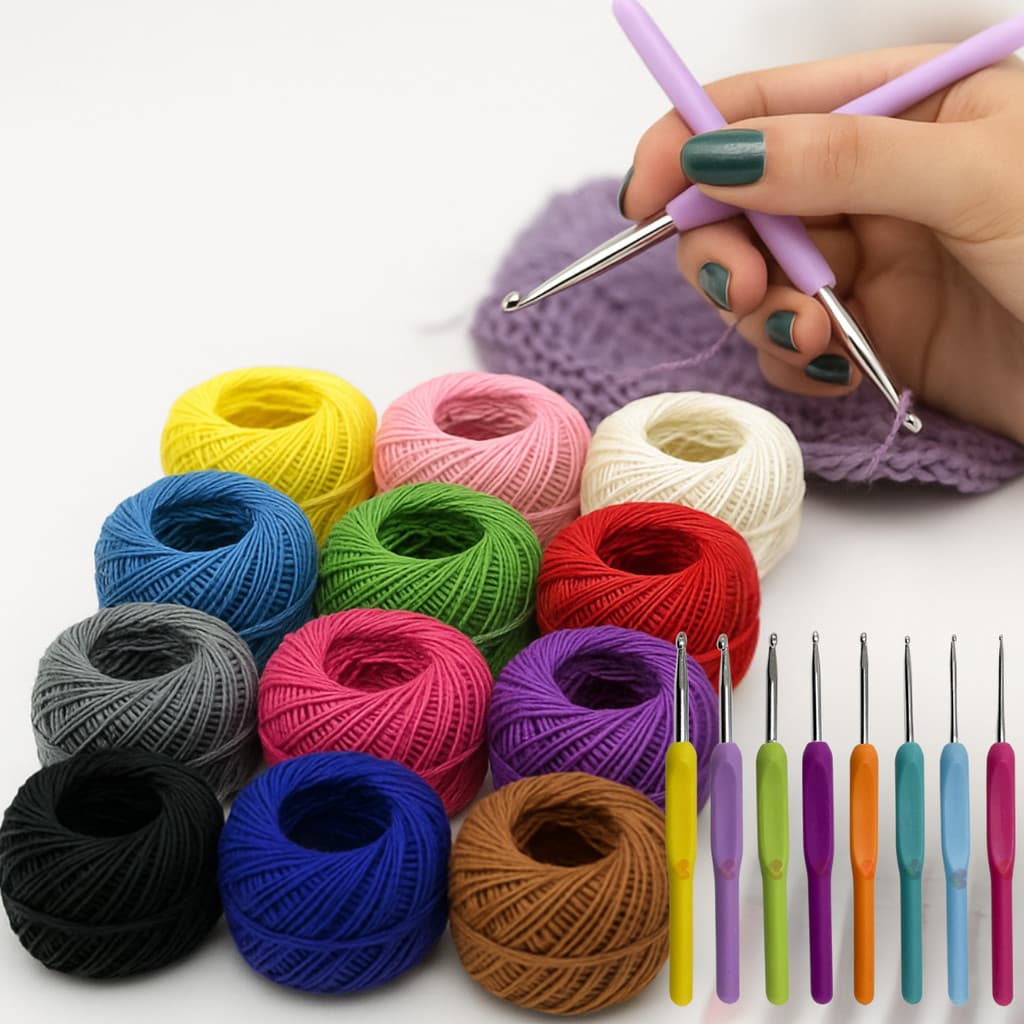 Kit Agulha de Croche Trico Barbante Cabo Ergonômico Emborrachado + Linhas Coloridas Para Bordado 21 Peças