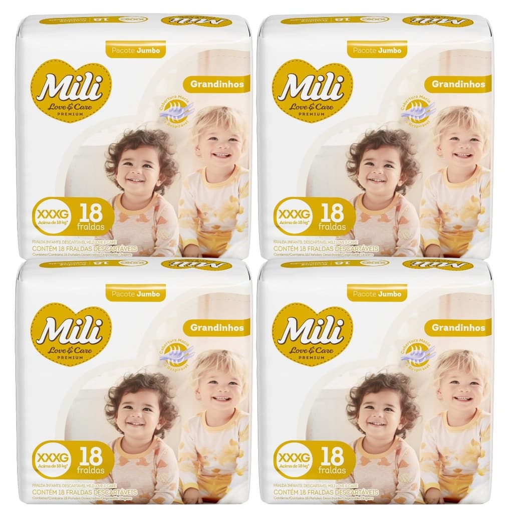 Fralda Descartável Mili Love & Care 4 Pacotes c/ 18 (total: 72 fraldas)  Tam: XXXG - Grandinho