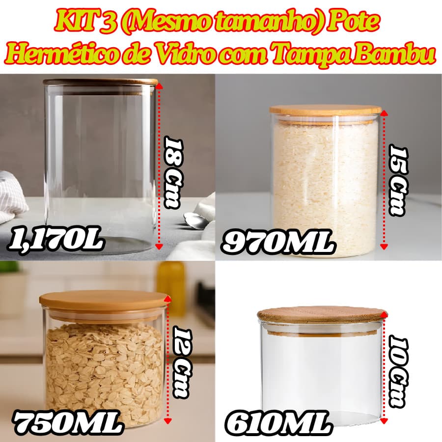 KIT 3 Pote De Vidro Hermético Com Tampa De Bambu Redondo Organizador Multiuso De Cozinha