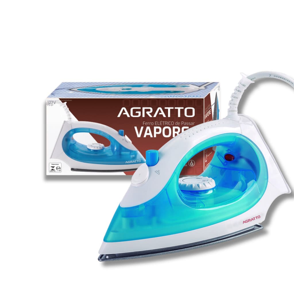 Ferro de Passar A Vapor Roupas 127V 220V 1200W Agratto Vapore FV- 01 Base Antiaderente Azul Jato