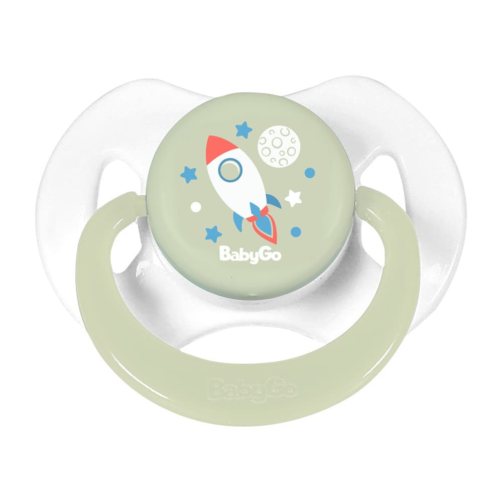 Chupeta T1 Que Brilha no Escuro Com Capuz e Bico de Silicone Ortodôntico de 0 a 6 Meses Nasa BabyGo