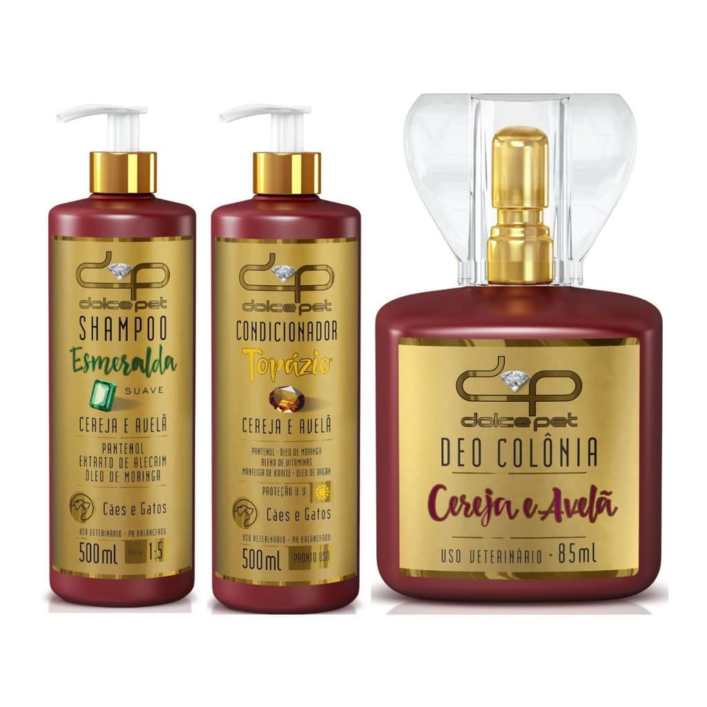 Kit Dolce Pet Shampoo Suave + Condicionador Topázio + DEO Colônia Cereja e Avelã para Cães e Gatos