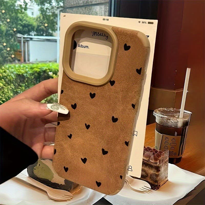 Amor Coração Luxo Camurça Caso De Couro Para iPhone 17 16 11 12 13 14 15 18 Pro Max Plus XR XS Capa Macia