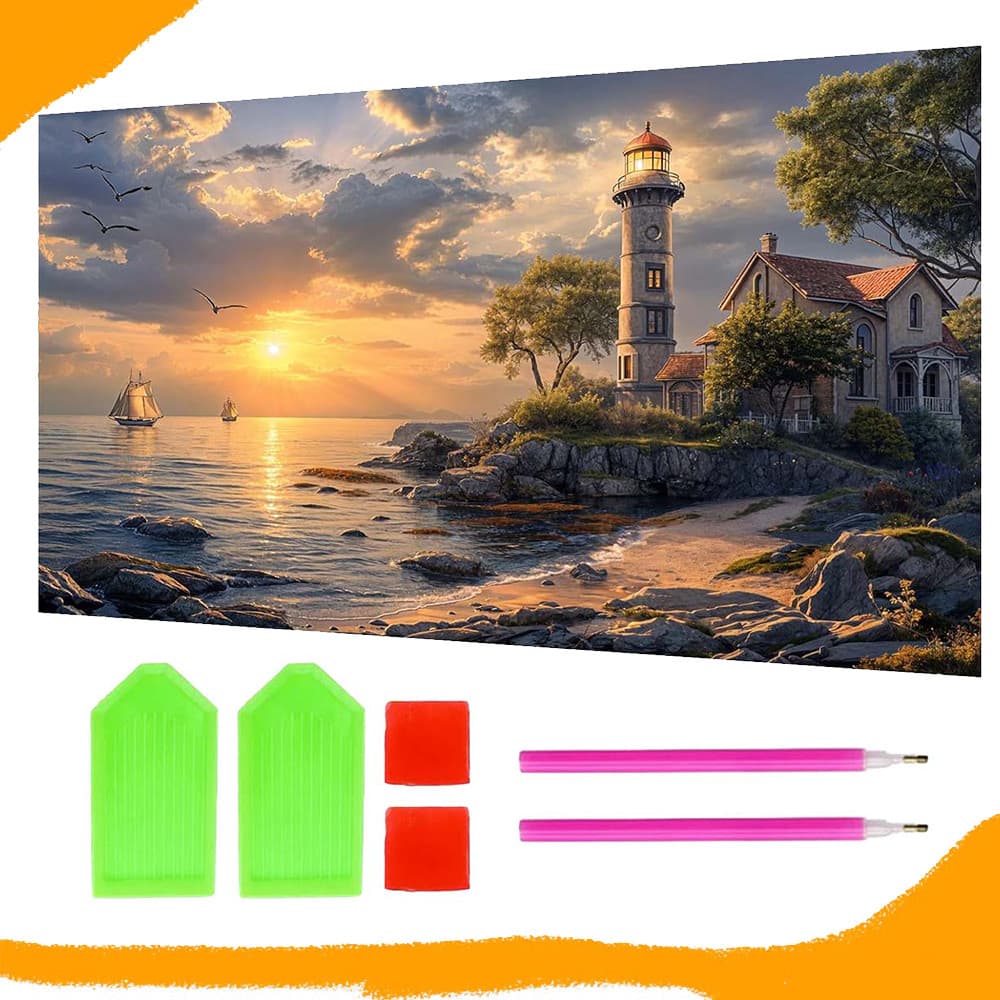 Kit de pintura DIY 5D Round Diamond Lighthouse Sunset (pôr do sol no farol com diamante redondo) para iniciantes 70x40cm