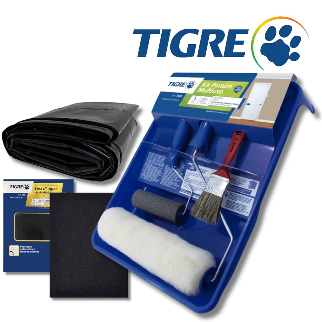 Kit Pintura Parede Rolo Econômico Tigre 5 Peças Completo + 2 Metros de Lona + 2 Lixas D'água Tigre