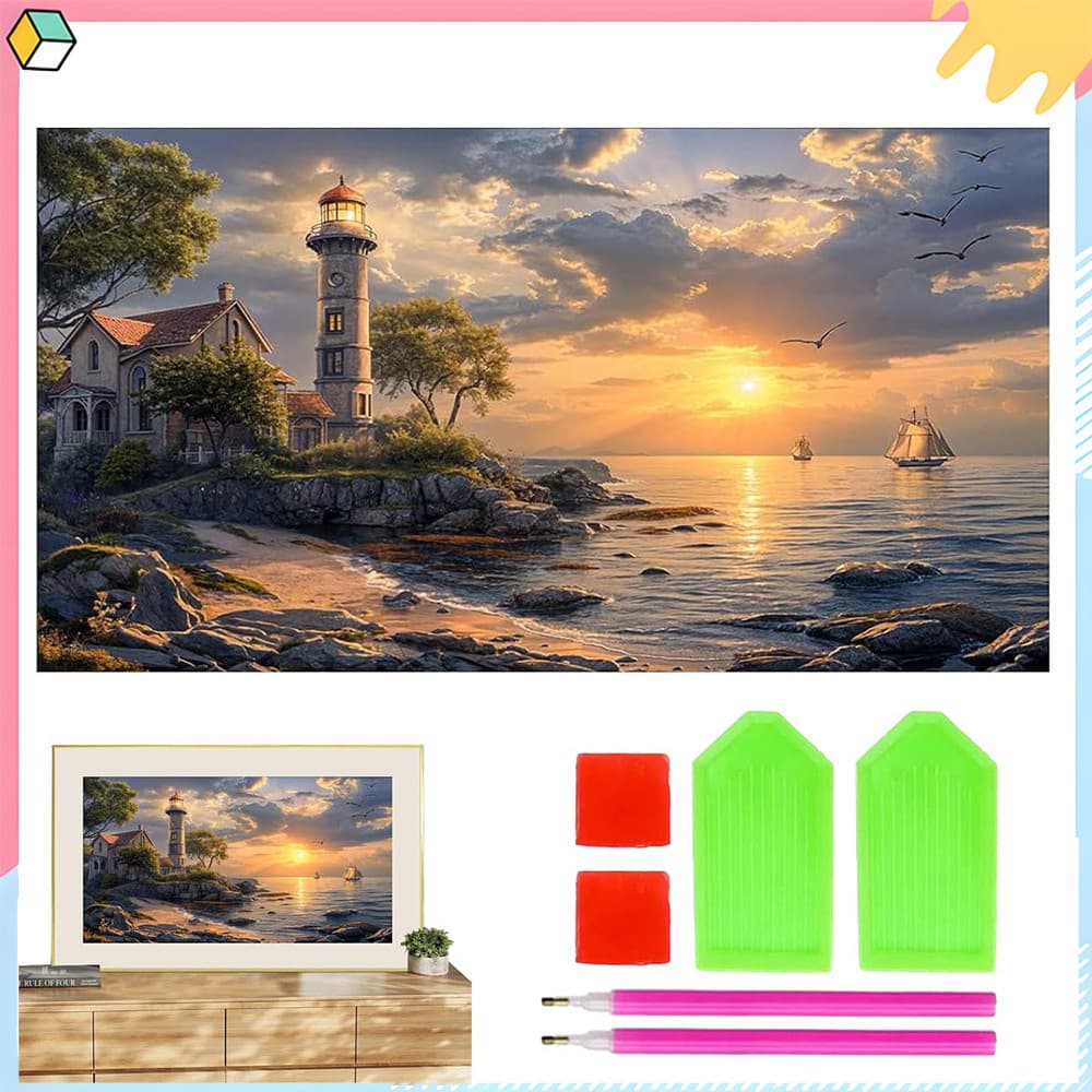 Kit de pintura DIY 5D (pôr do sol no farol com diamante redondo) para iniciantes 70x40 cm