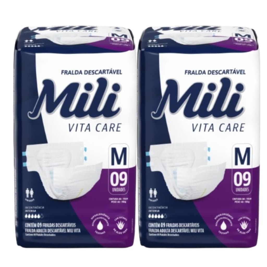Fralda Geriátrica Adulto Mili Vita  Tam M   2 Pacotes com 9 fraldas   Total 18 fraldas com Super Gel