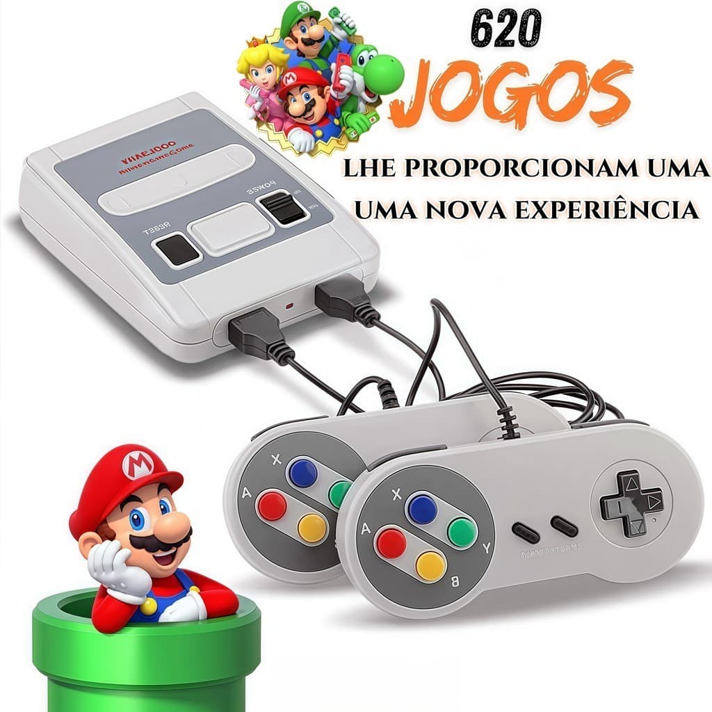 Mini Console de Videogame Retrô com 620 Jogos e 2 Controles de 8 Bits