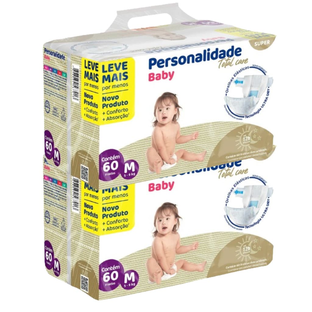 Kit 2 Fralda Descartável Infantil Personalidade Baby Total Care Bag - Tam M 60 cada - Total 120un