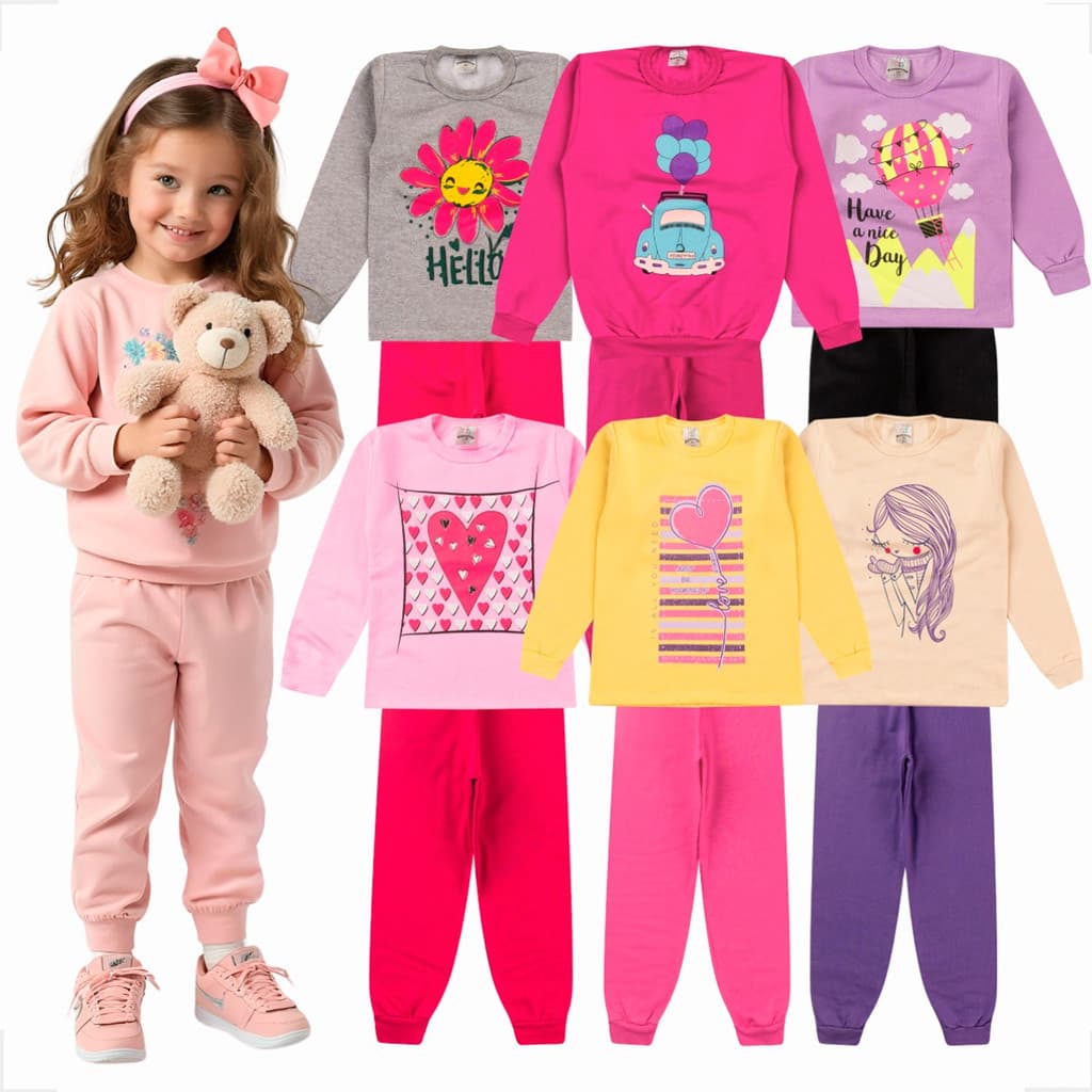 Kit 6 Peças Conjunto Moletom Infantil Menina 1 ao 8 Feminino Inverno Manga Comprida Longa Frio 3 Kits Blusa Calça