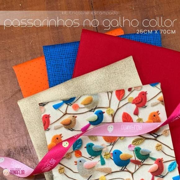 Kit 5Tricolines Passarinhos no Galho Collor 25cm X 70cm 100% Algodão - para Panos de Prato, Fraldas  e Patchwork