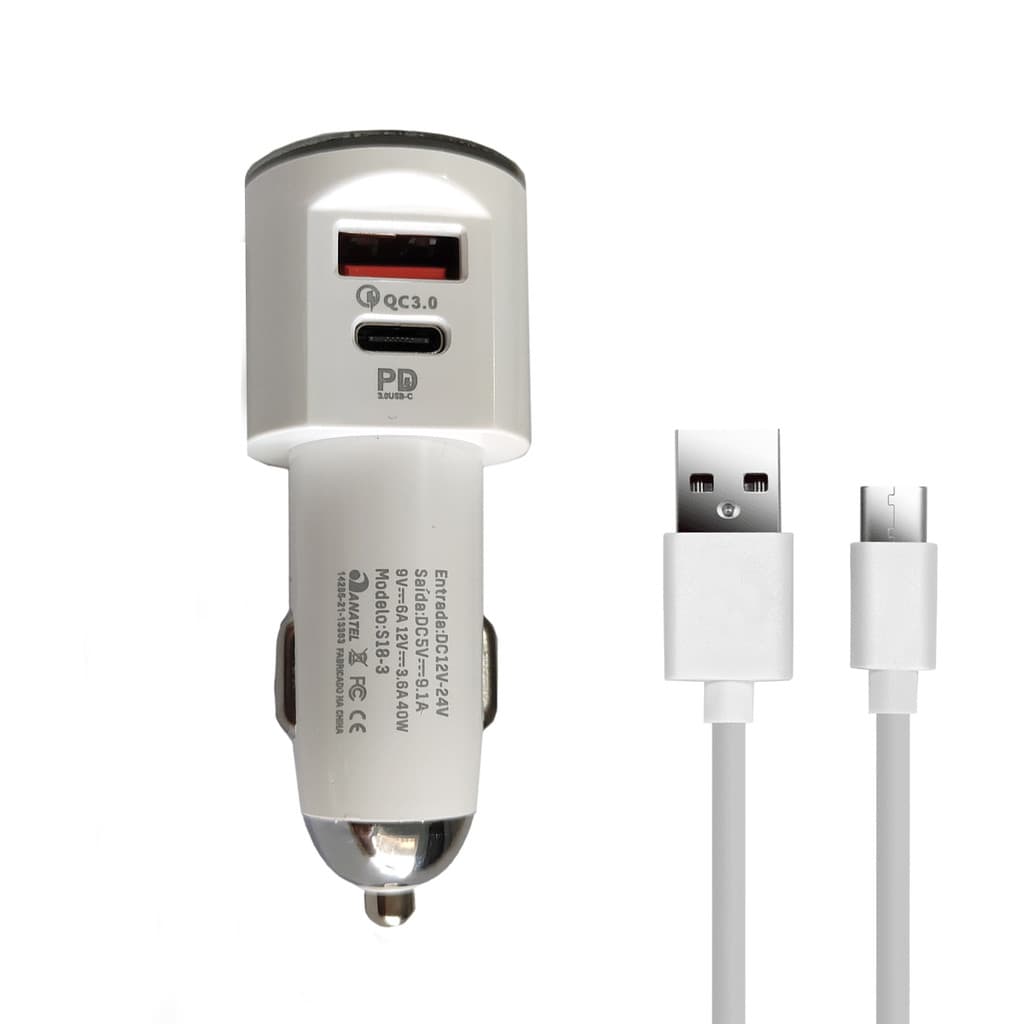 Carregador Veicular Turbo 36W USB Tipo C Carregamento Rápido LED H'maston Carregador Para Carros IOS