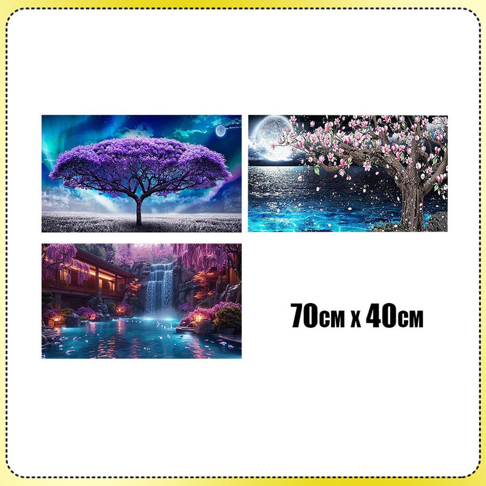 70x40cm Pintura Diamante 5D para Adultos Decoração para Casa Diamante Redondo Árvore de Pêssego Cachoeira Árvore Roxa