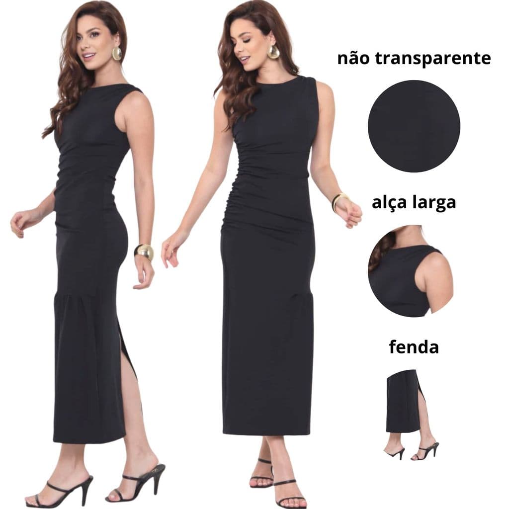 Vestido Feminino Drapeado Lateral e Fenda Vestido Midi Eleante Escritorio - 62