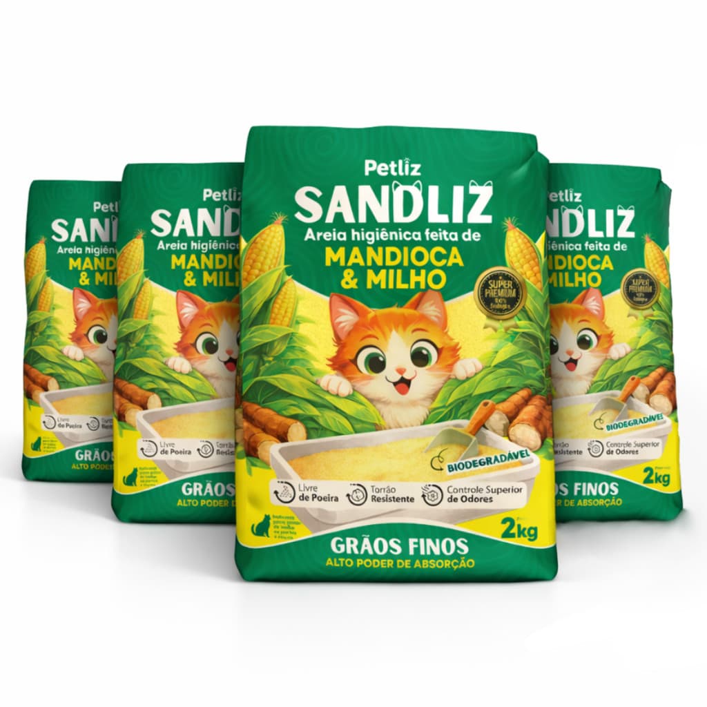 Kit 4 Areia Sanitária Higiênica Natural Premium Fina de Milho e Mandioca Gatos Sandliz Petliz 2 kg